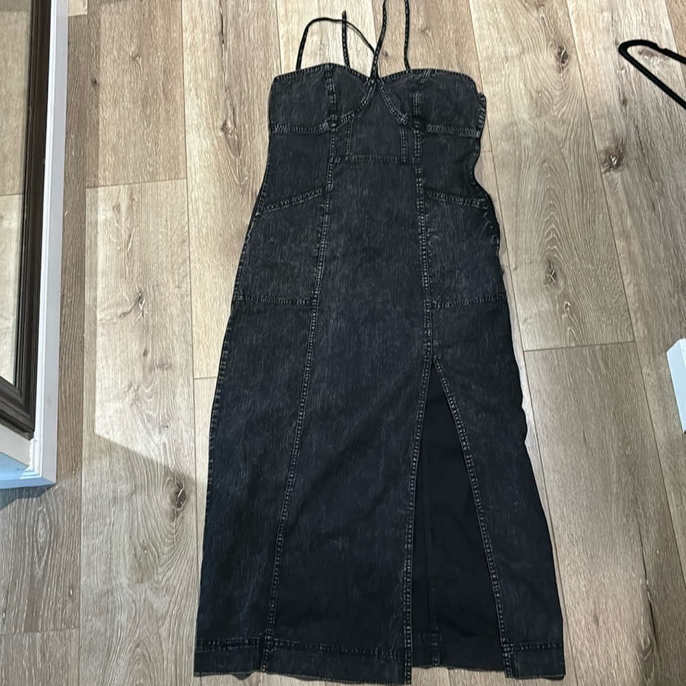 Nwt FREE PEOPLE Size 6/8 LUANNA DENIM MIDI DRESS IN WASHED BLACK (torn zipper!)